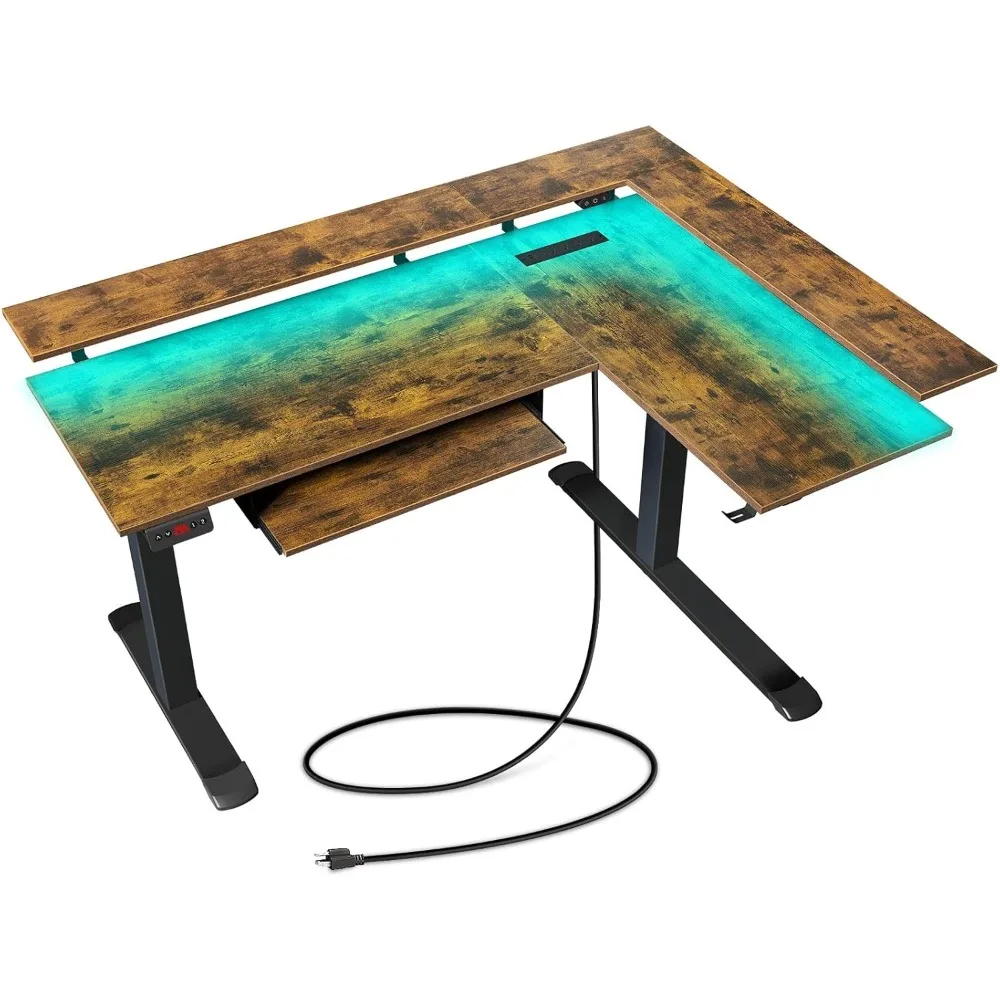 

L Shaped Standing Desk with LED Light and Power Outlet, Dual Motor Height Adjustable Electric Standing Desk with Monitor Stand