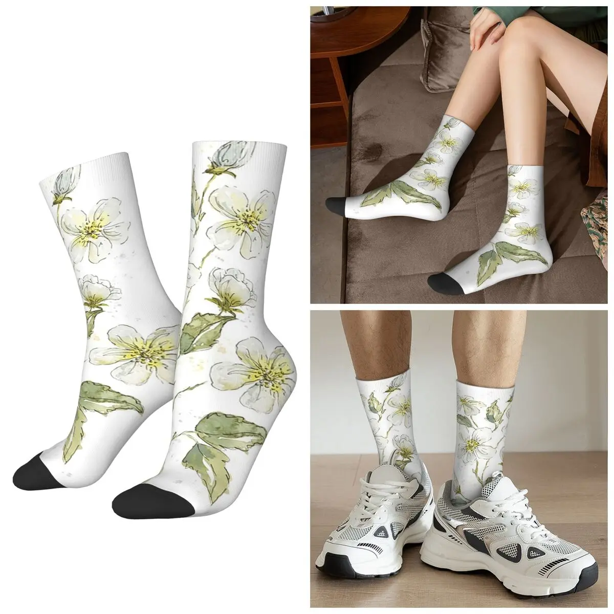 

All Seasons Wild Rose White Socks Harajuku Sport Middle Tube Socks Soft Sweat Absorbing Stockings for Men Women Christmas Gifts