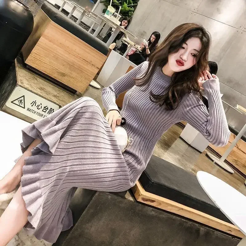 

Knitted One-piece Sweater Dress Women Autumn Winter High Elastic Large Swing Long Dress Female Slim Wear Woolen Pleated Dress