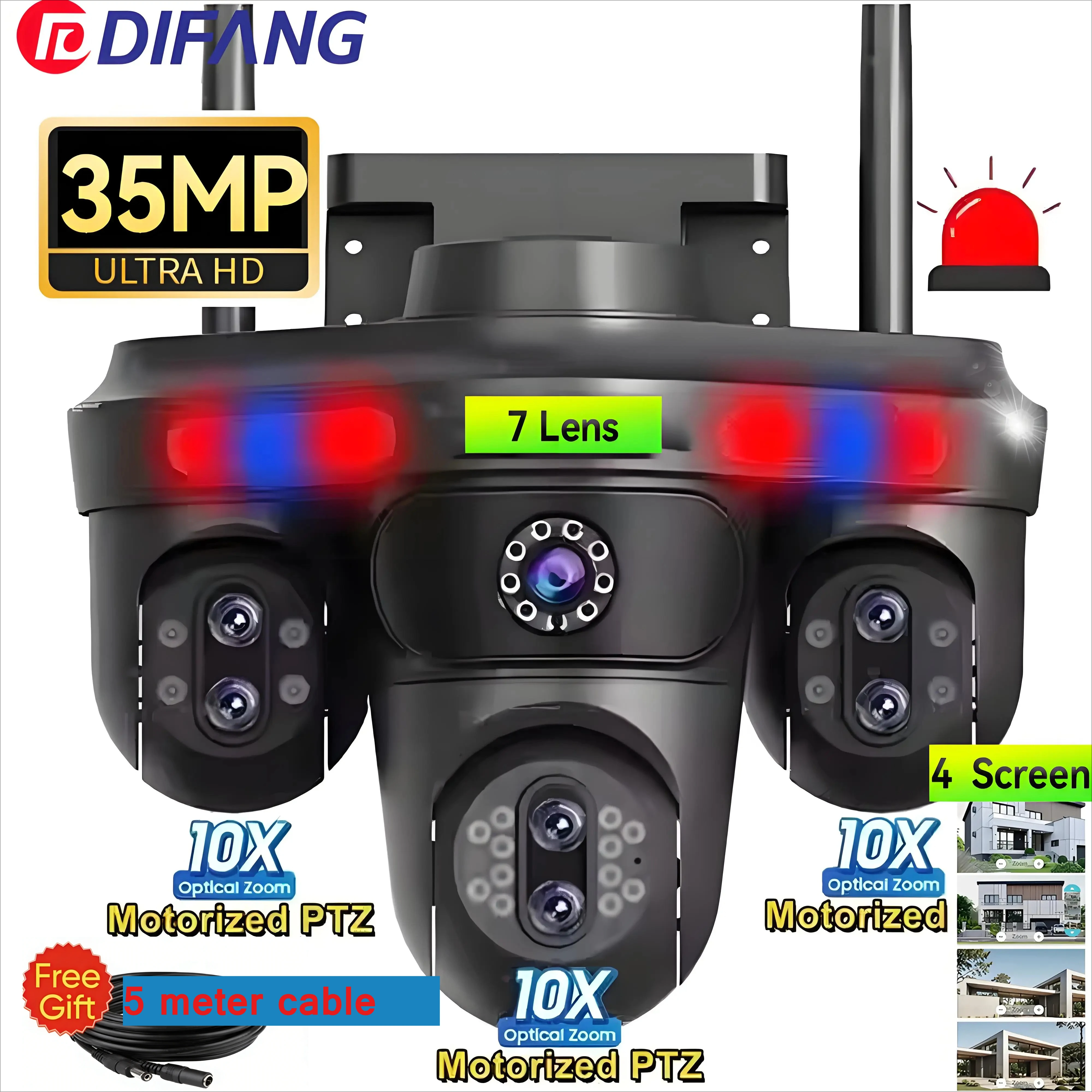 DIFANG 35MP Seven Len WiFi Camera Outdoor 10X Zoom CCTV Four Screen Wireless Surveillance Cam Auto Tracking WiFi Security Camera