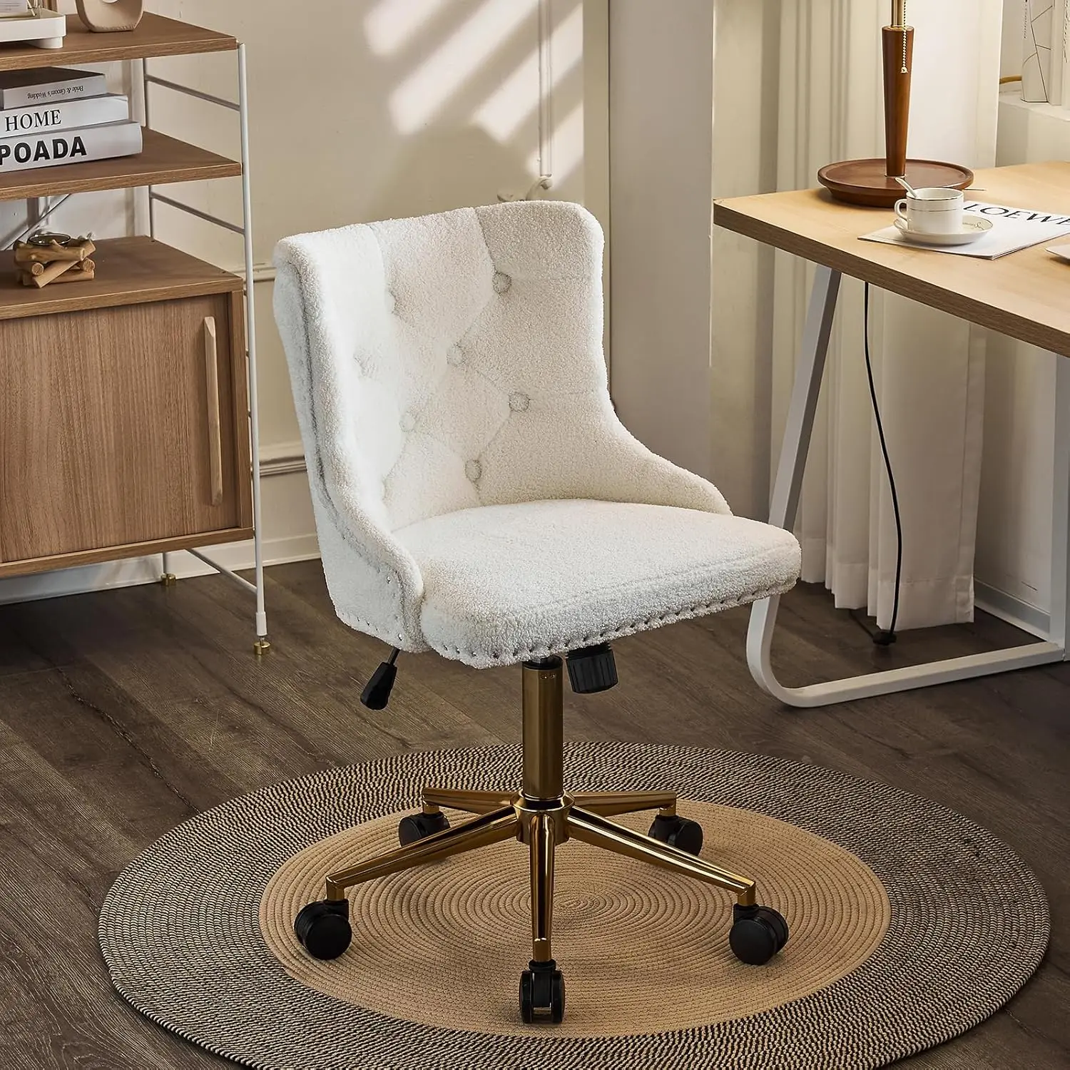 VINGLI White Teddy Fleece ArmlessOffice Desk Chair withGold Base,Makeup Chairwith Back for Bedroom, Upholstered Adjustable Chair