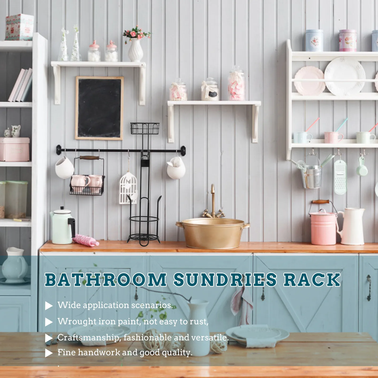 

Iron Paper Towel Holder Floor Standing Rustproof Roll Paper Rack with Removable Sundries Storage for Bathroom Kitchen Living