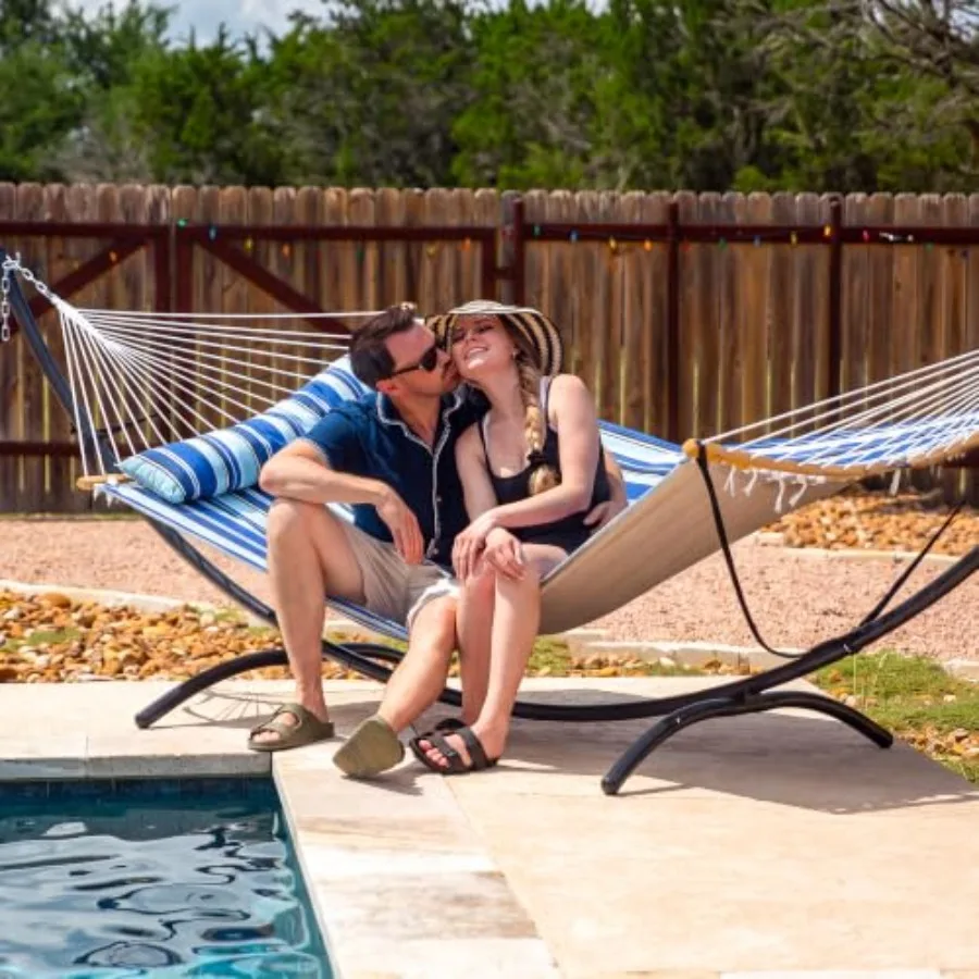 Outdoor double hammock with stand, polyester fabric, blue and white, portable and patent-pending design