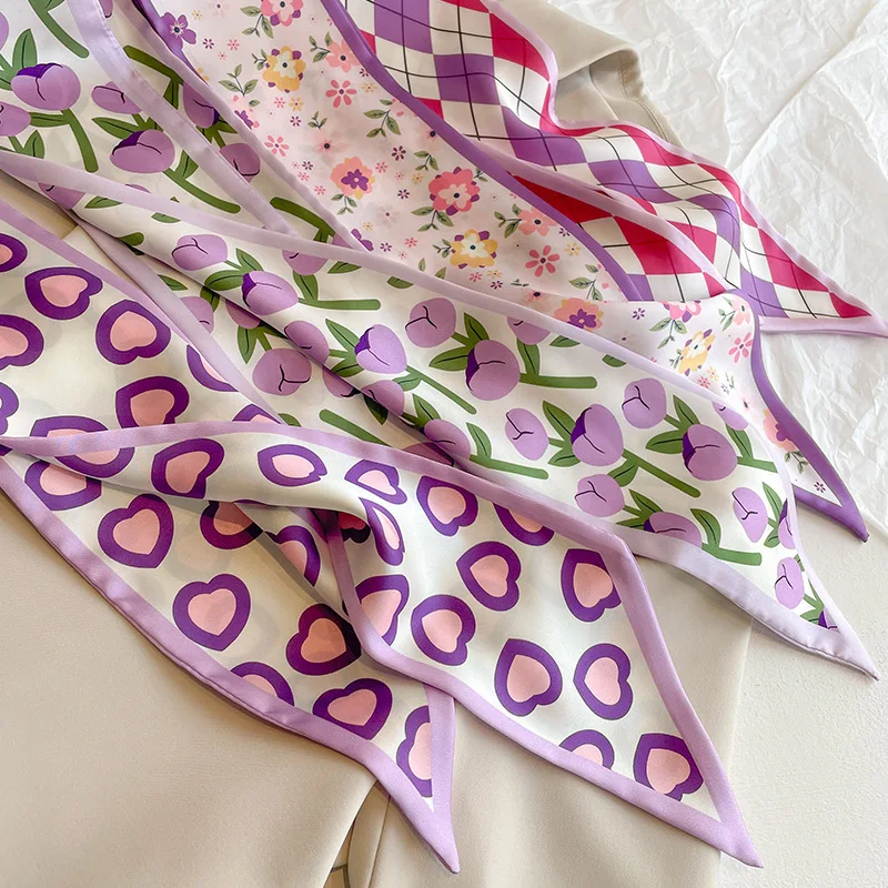 French Purple Small Long Silk Scarf Women's Versatile Headband Hair Tie Thin Narrow Tie Bag Ribbon Streamer Scarf