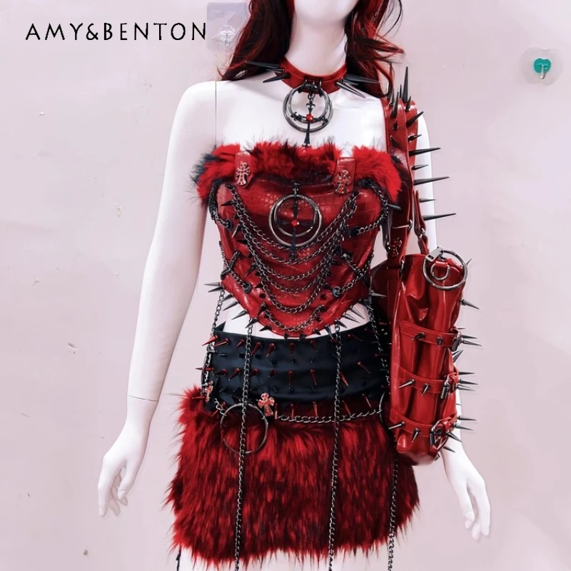 

Halloween Gothic Black Red Splicing Women's Skirt Original Design 2025 New Heavy Craft Plush Hot Girl Vest Bag 5-piece Set Girl