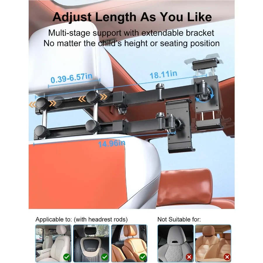 Soporte para tableta para reposacabezas de coche, asiento trasero para iPad, soporte plegable para asiento trasero, Compatible con teléfonos de 5,115,6 pulgadas, tabletas, viajes en carretera