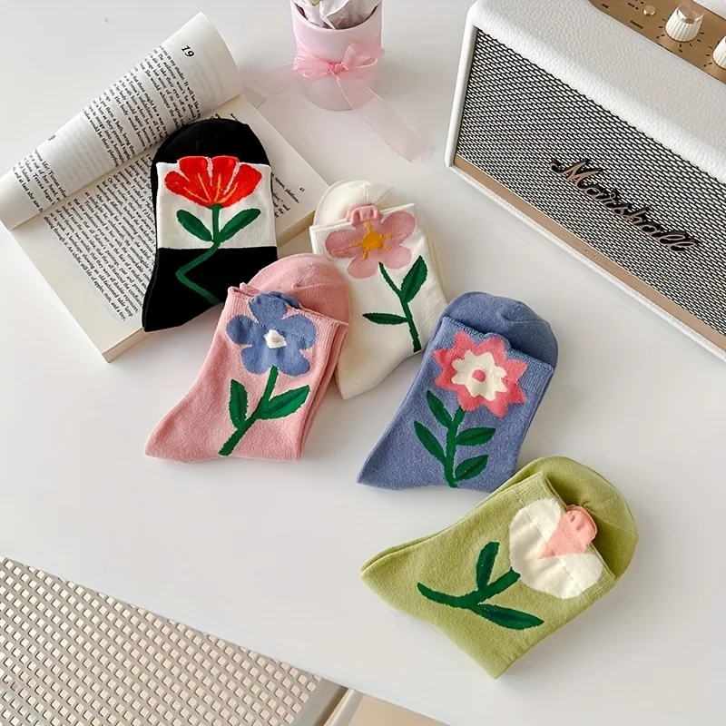

5pairs Socks Korean Japanese Style Cartoon Green Flower Harajuku Cute Kawaii Mid Tube Socks Breathable Casual Short Cotton Socks