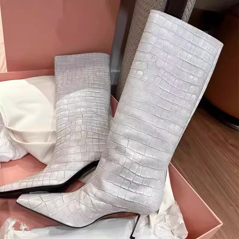 

Original Designer Brand New Square Head High Heel Boots Crocodile High Tube But Knee Boots for Women