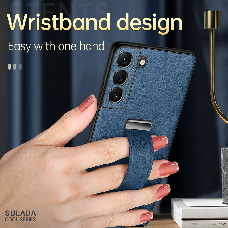 Custodia per telefono con anello in pelle con staffa per cinturino da polso per Samsung Galaxy S25Ultra S25 Plus per Galaxy S24 S23 Ultra Plus Cover per telefono Shell
