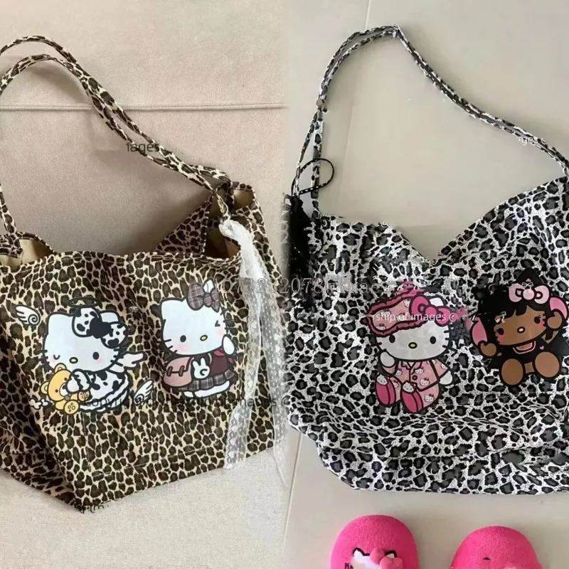 American Hello Kitty Leopard Print Shoulder Bag Women Fashion Large Capacity Student Tote Bag Cartoon Canvas Shopping Handbags