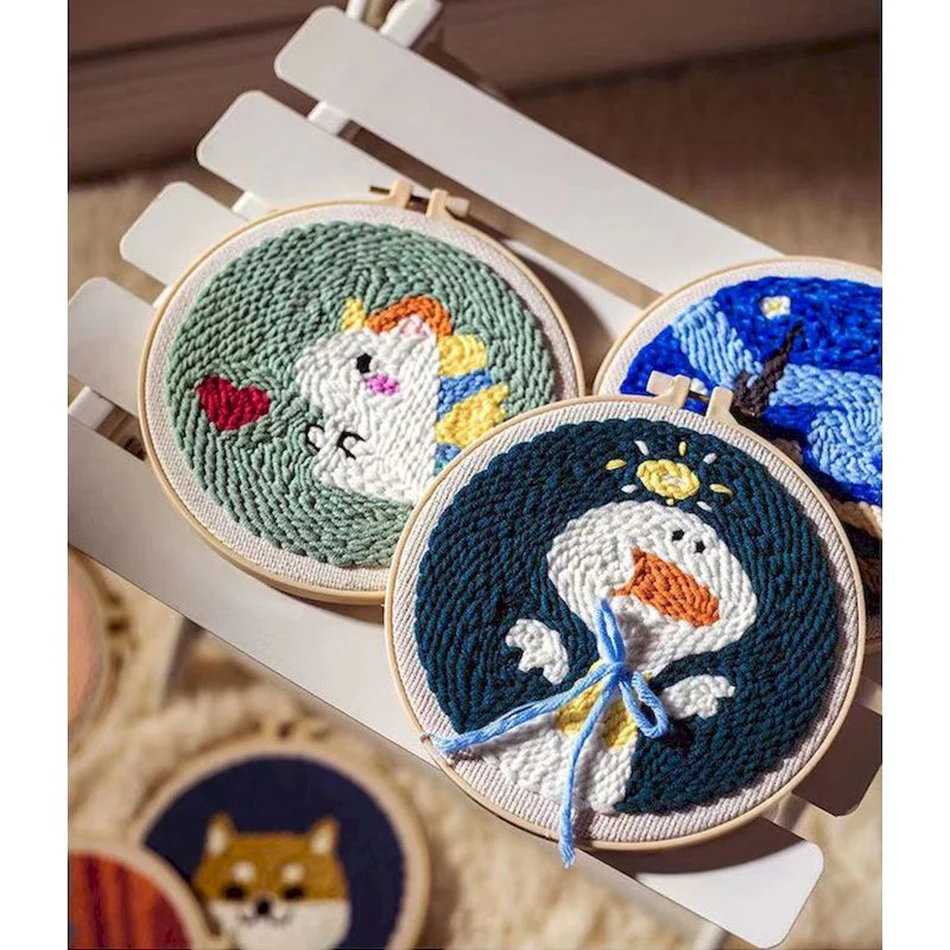 Punch Needle Embroidery Starter Kit Threader Fabric Embroidery Hoop Yarn Rug Punch Needle Pock Pen for Adults Kids Beginner