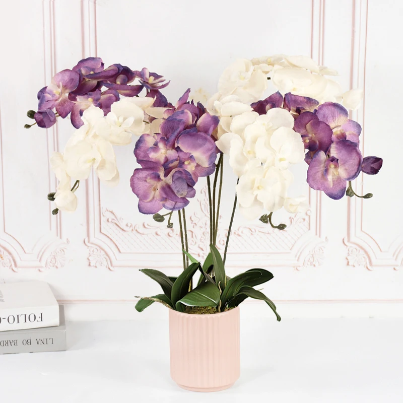 8 رؤساء كبير الحرير زهرة اصطناعية فرع السحلية فالاينوبسيس الأسود بورجوندي ديكور منزلي للزفاف الزهور بوعاء السحلية بالجملة