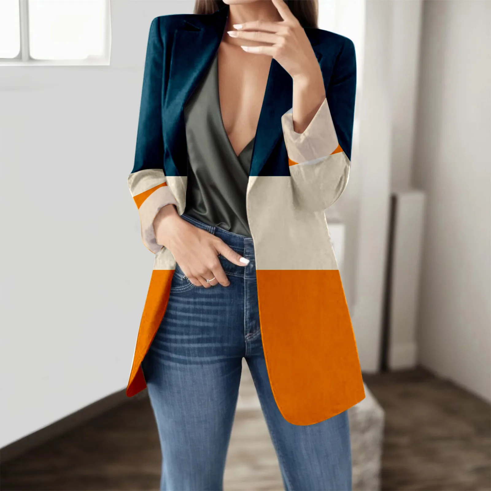 Patchwork coat Lady Peak Lapel Women's Jacket Contrast Color Blazers For Women 2024 New Fashion Office Ladies Slim Coats