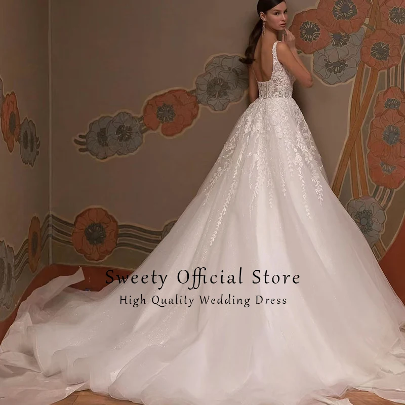 Vintage Wedding Dress Embroidered Lace On Net With Sequins Ball Gown A-Line Square Collar Sleeveless Customized Vestido De Novia