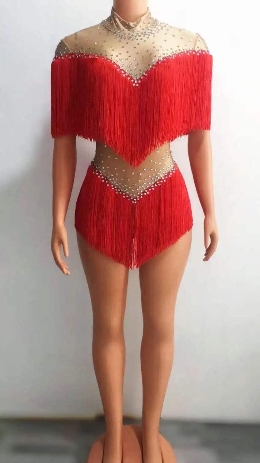 

Red Stage Wear Drag Queen Outfit Tassel Bodysuits Women Dance Costume Latin Ballroom Rhinestone Mesh Stretch Leotard