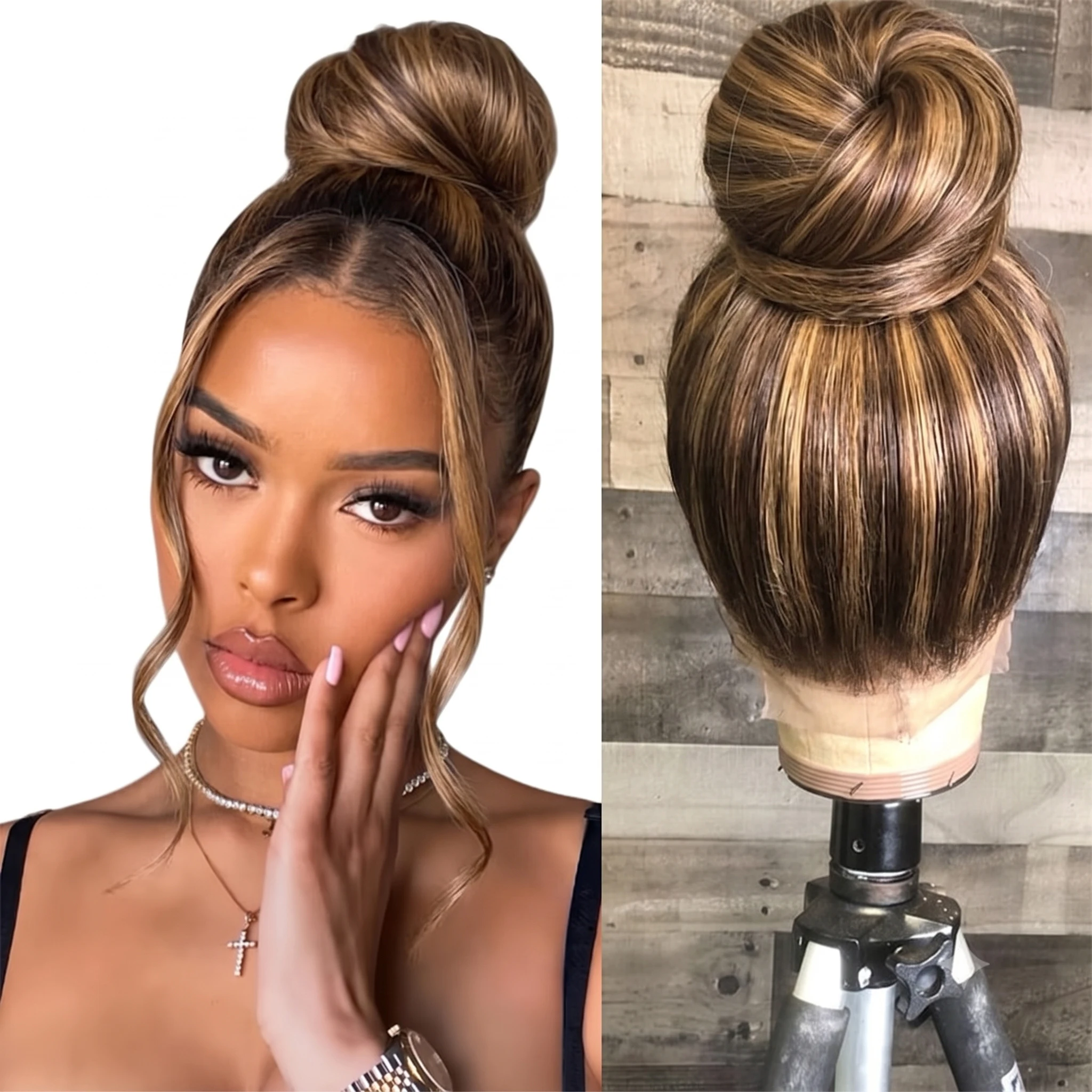 250% Density 30 40 Inch Bone Straight 4/27 Highlight Ombre Human Hair Wigs 360 Hd Lace Front Wig 100% Human Hair Pre Plucked Full HD Transparent Lace Frontal Wig For Women