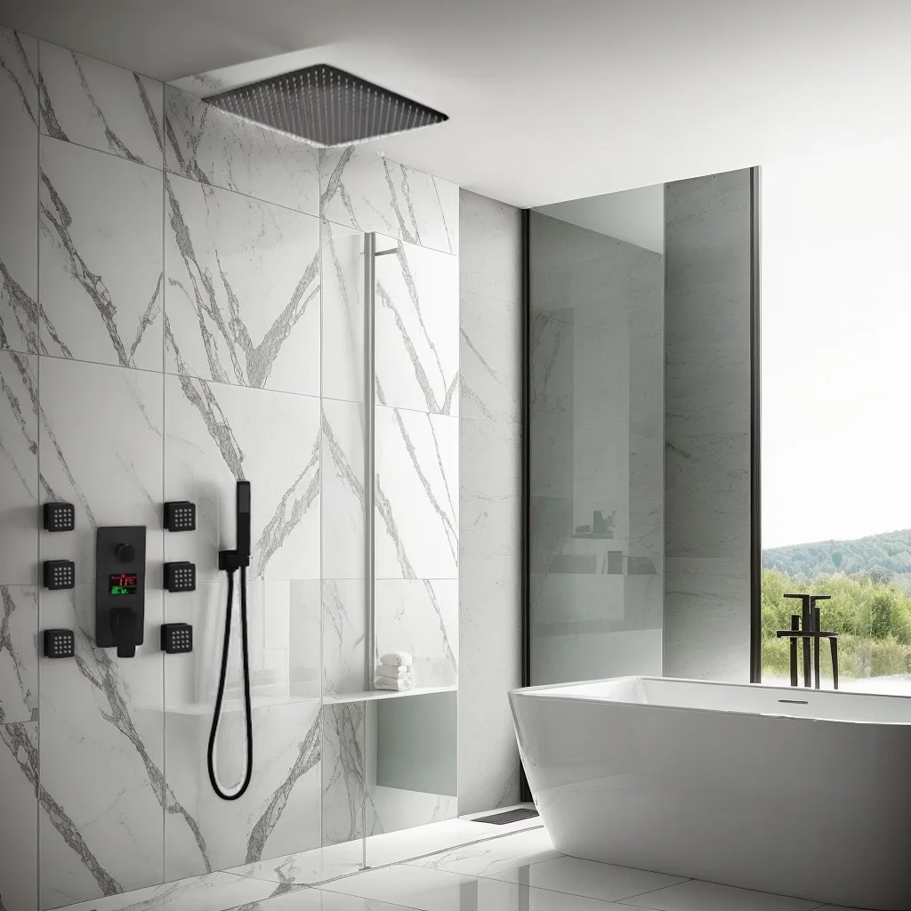 

KEMAIDI Matte Black Shower Faucet Set with Digital Display Concealed Shower Mixers Tap Brass Shower Systerm Rotate Massage Jets