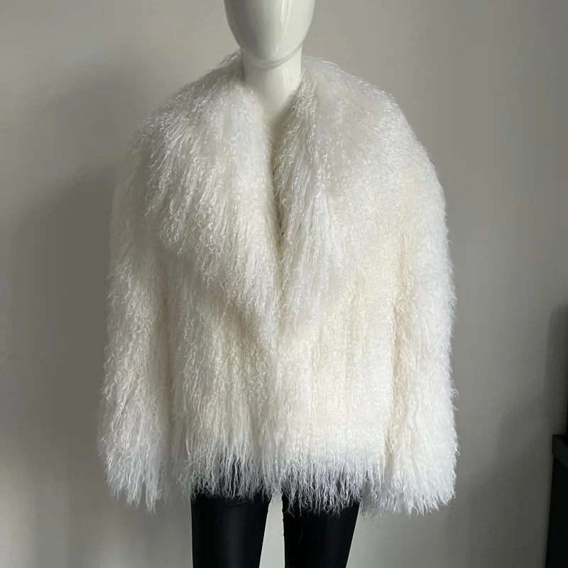 Beiziru Women's Mongolia Sheep Fur Coat Turn-down Collar Real  Warm Stylish Outerwear Jacket