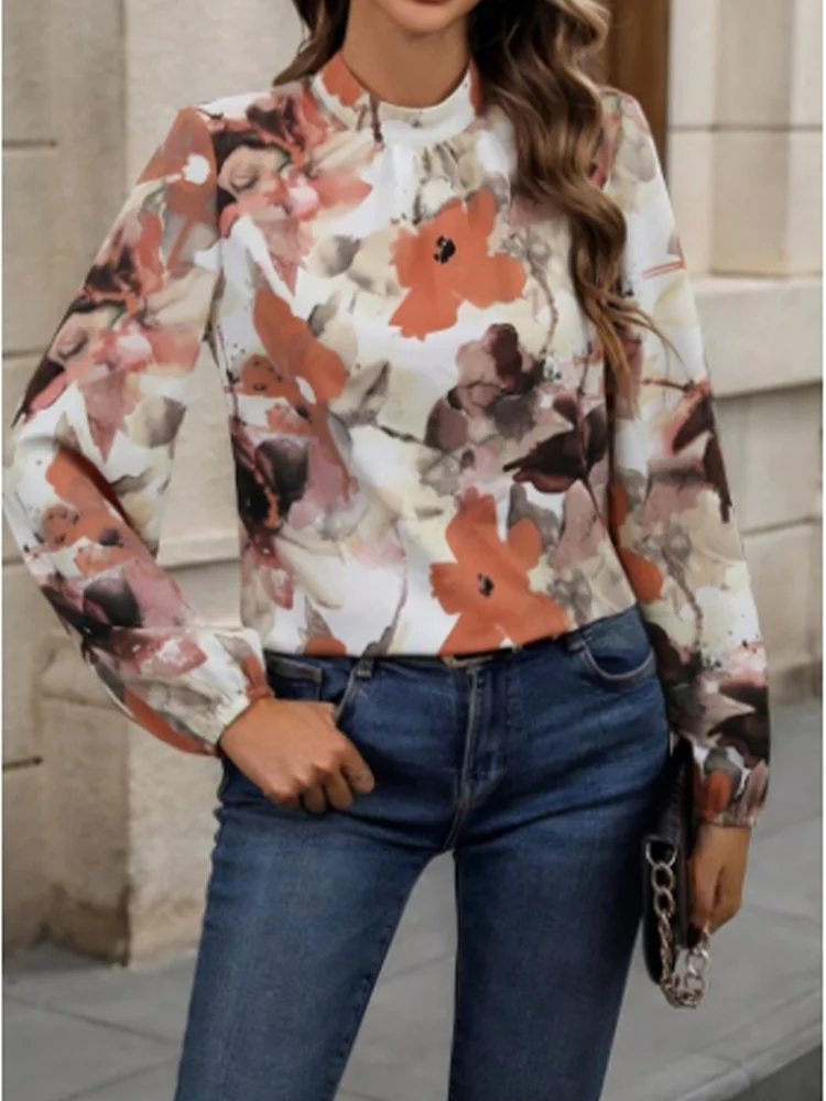 Nice Luxury Round Neck Long Sleeve Painted Printed Blouse Women's Temperament Autumn T-Shirt Top