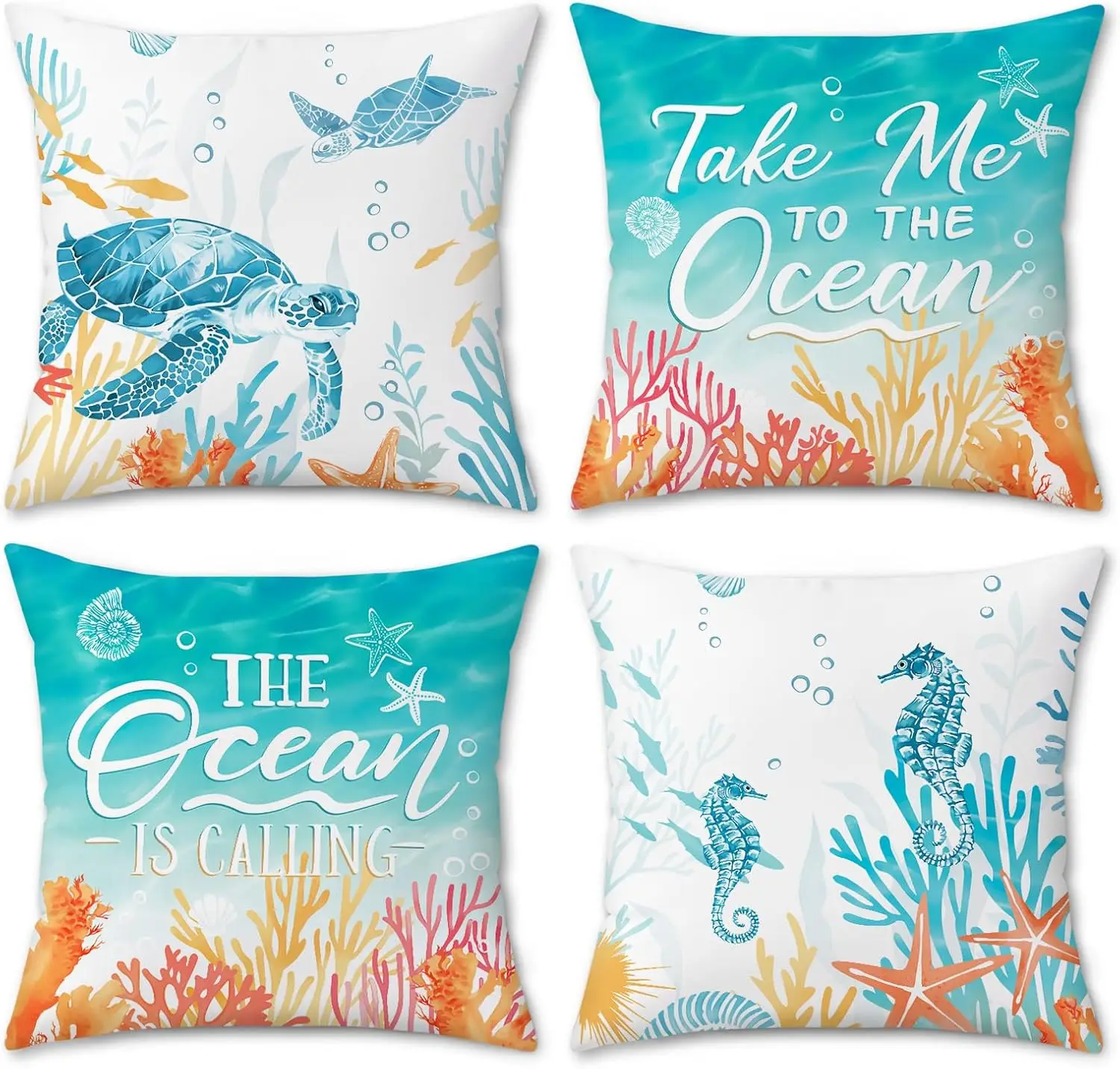 4PCS Ocean Theme Pillow Covers Beach Nautical Coastal Decor Throw Cushion Marine Life Turtle Coral Sea Art Accent Home Seashore