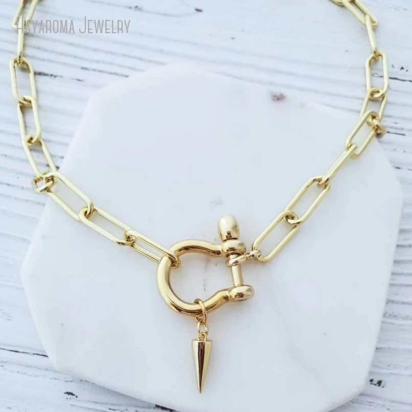 

10Pcs Gold Color Spike Charm Shackle Carabiner Punk Boho Retro Choker Necklace Chunky Paperclip Chain Jewelry