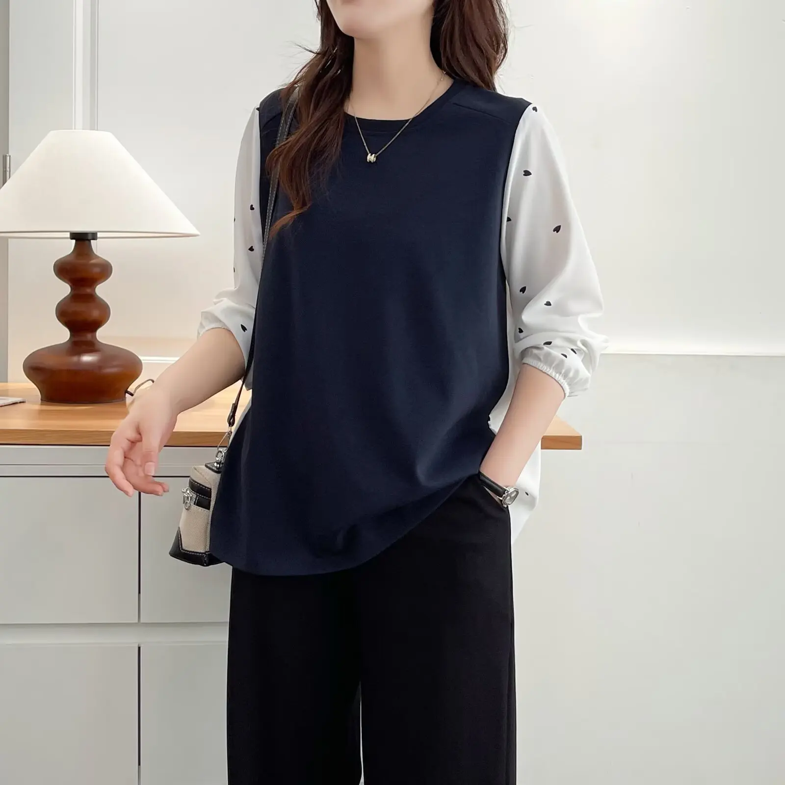 패션 플러스 사이즈 여성 블라우스 가을 신상 쉬폰 패치워크 긴팔 탑 스타일리시 페이크 투피스 2521