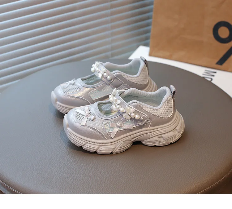 

Spring New Women's and Children's Pearl Bow Mesh Shoes, Korean Style Princess Breathable Running Shoes, Children's Casual Shoes