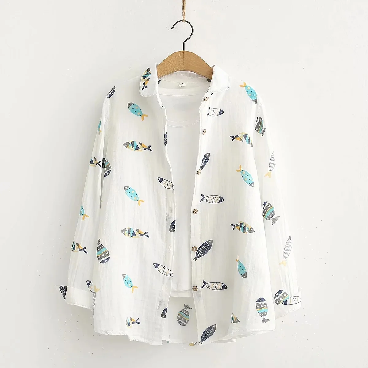 Spring New Women 2 Layer Cotton Yarn White Shirts Fish Print Full Sleeve Round Collar Loose Blouse Casual Tops Autumn T36302JC