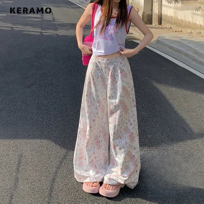 

Sweet Y2K Straight Shoujo Denim Trouser Women's 2000s Street Sexy High Waist Jeans Casual High Street Emo Floral Print Pants
