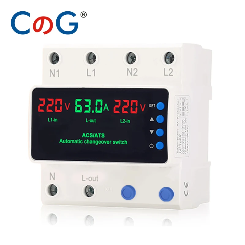 CG 63A 220V ATS Automatic Transfer Switch Dual Power Selector with LED Display Over Under Voltage Protector DIN Rail Mount
