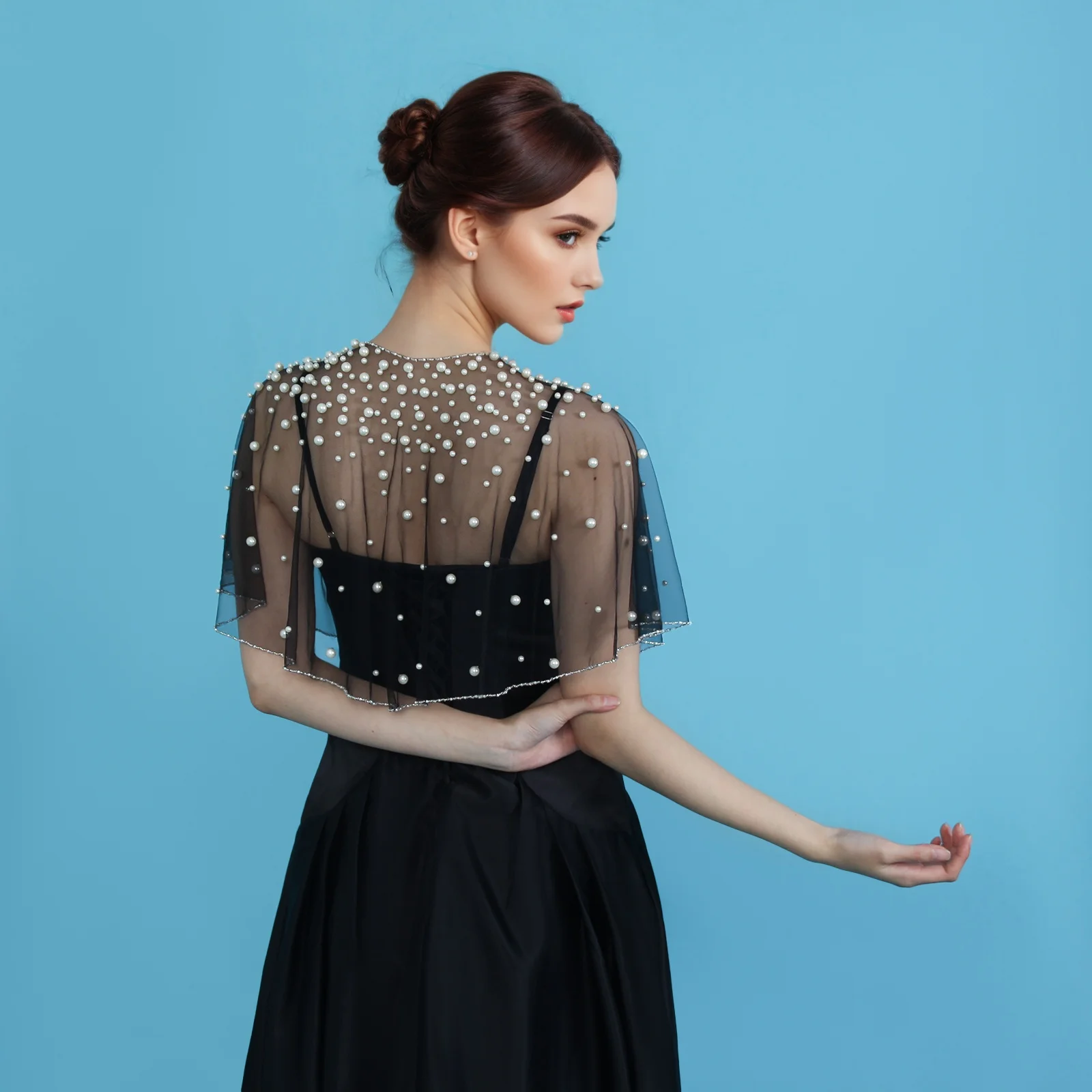 Elegant Pearl Beaded Bolero Shrug One Button Fastening Black Tulle Crystal Trim Wedding Cape Wrap Shawl for Evening Party GP31