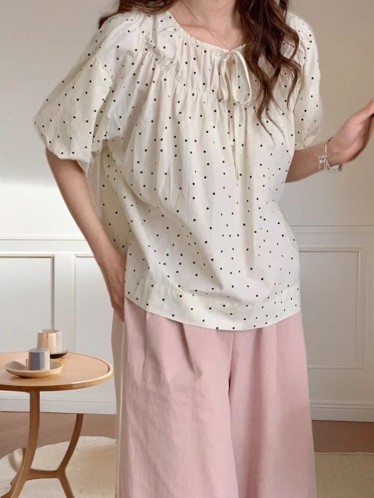 

Summer Women's Bubble Sve irt Korean Sle Retro Knot Polka Dot Sweet Blouse Unique Small Top High Waist