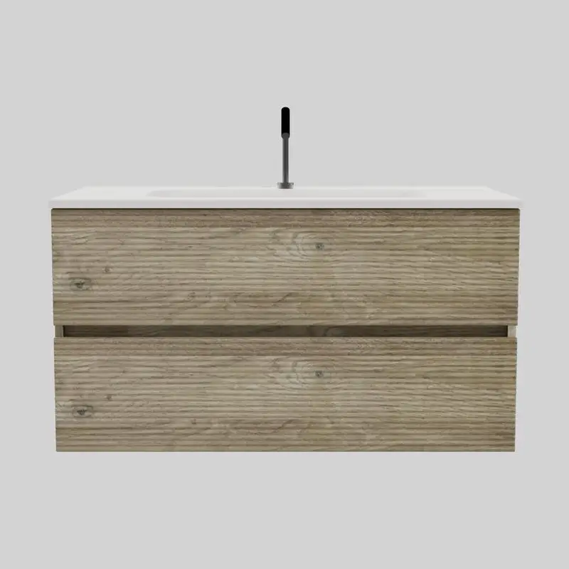 36" Wall Mounted Rough Oak Bathroom Vanity with Integrated Ceramic Sink and Overflow, Spacious Floating Vanity for Modern