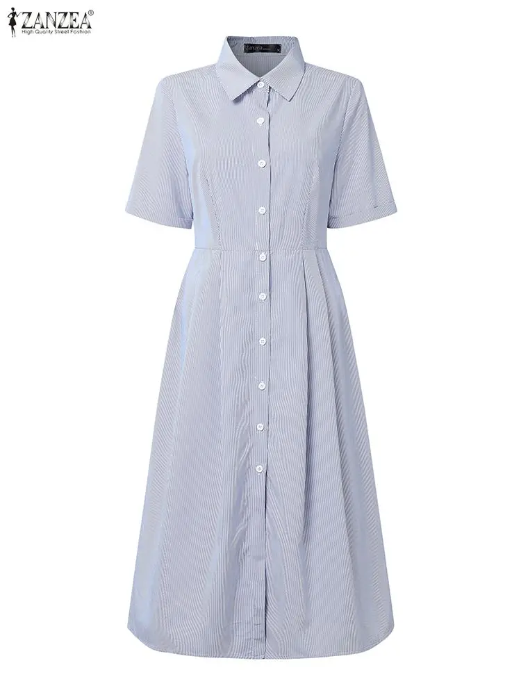 2023 Zomer Gestreepte Jurk ZANZEA Elegante Vrouwen OL Werk Midi Jurken Revers Hals Korte Mouw Vestidos Kantoor Zonnejurk Knop Gewaad