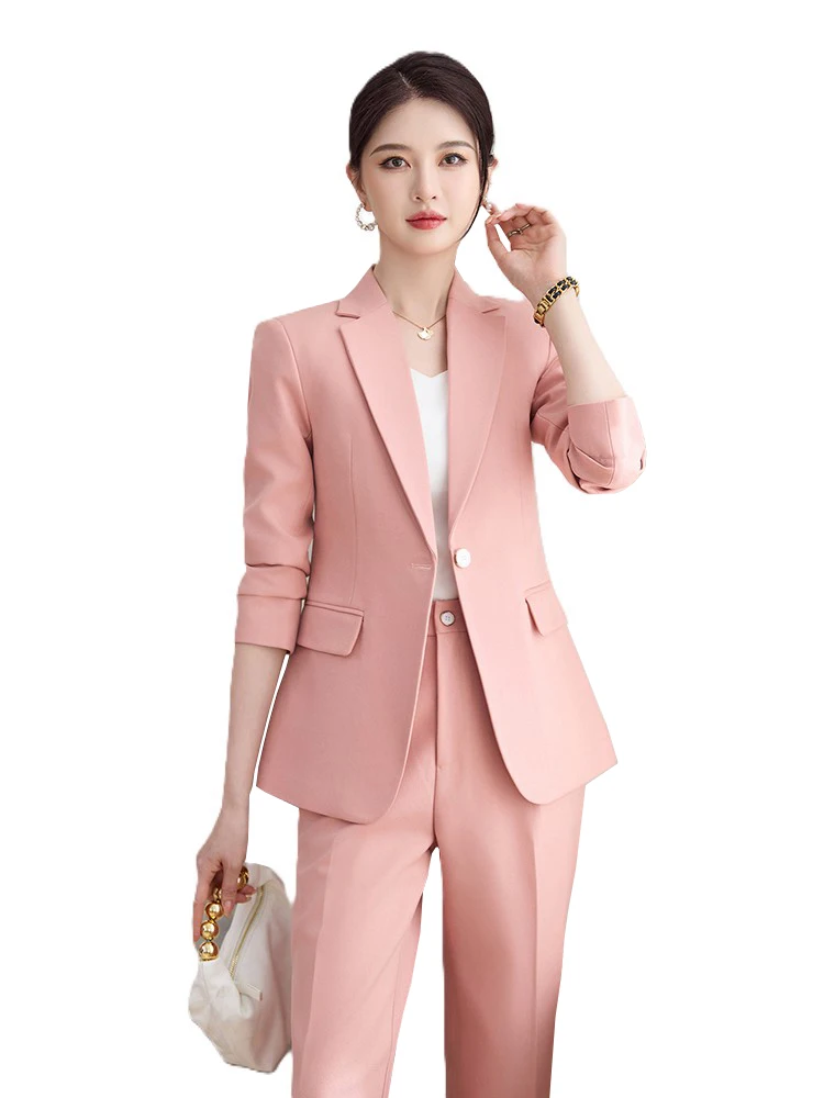 

Розовый, хаки, черный женский костюм, формальный комплект из 2 предметов, офисный костюм для женщин, блейзер и брюки