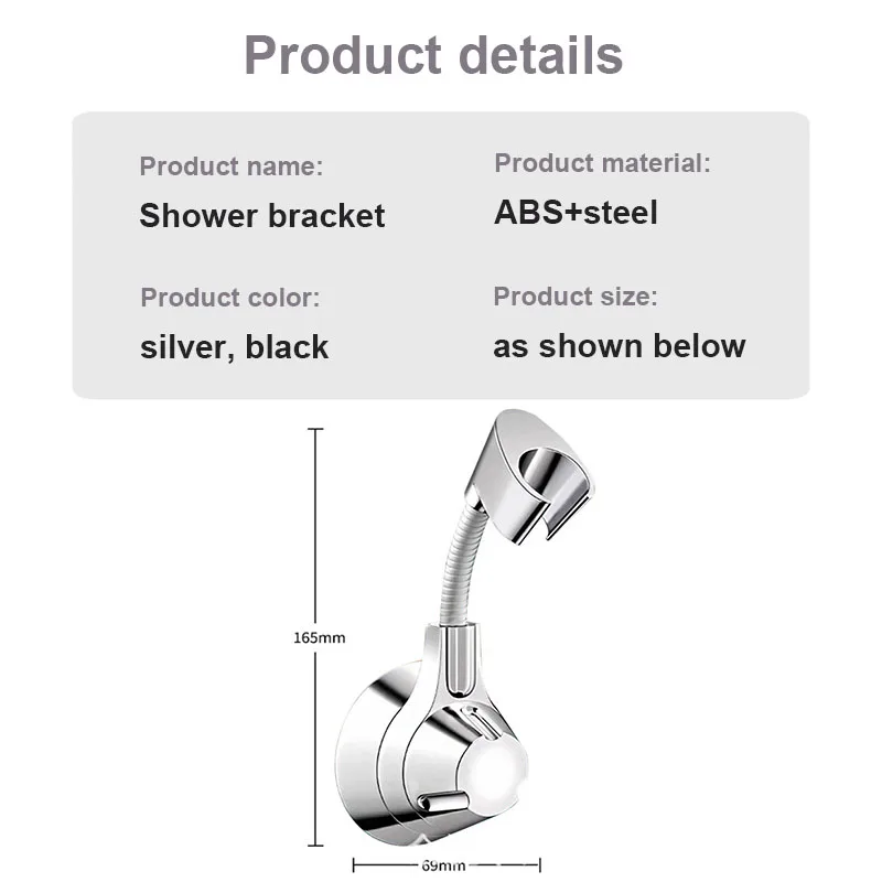 Verstellbarer Duschkopfhalter, selbstklebende Wandhalterung ohne Bohren, 120 ° Flexibler, silber/schwarzer Badezimmerhalter – Detail 8
