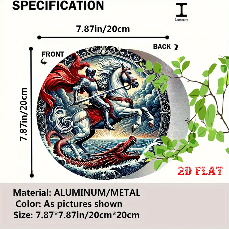 2D Flat, 2D Flat 1pc Red Cloak Metal Sign, Dragon Battle Round Sign, White Horse 7.8X7.8Round Sign - Knight Rustic Metal Wall Ar