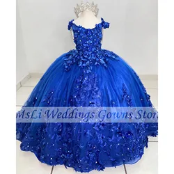 Royal Blue Flower Girls Dress Appliques Beads Tassels Corset Wedding Party Luxury Dress Birthday Princess Ball Gowns