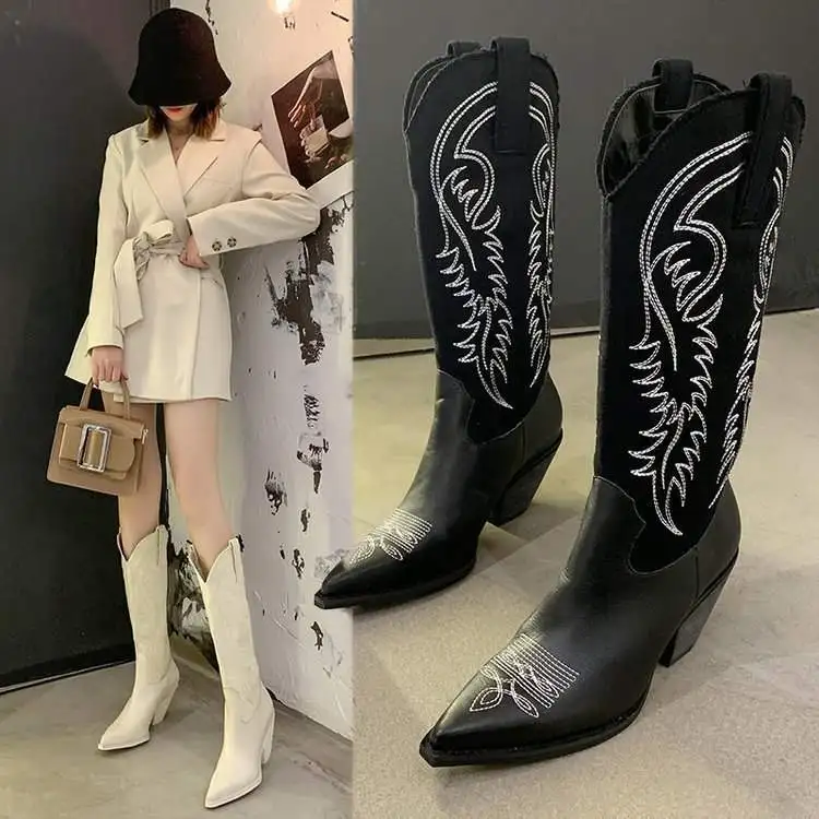 

Western Embroidered Booties Women's Pointed Toe Thick Heel Long Boots High Tube Knight Boots High Heel Knee-High Slim Boots