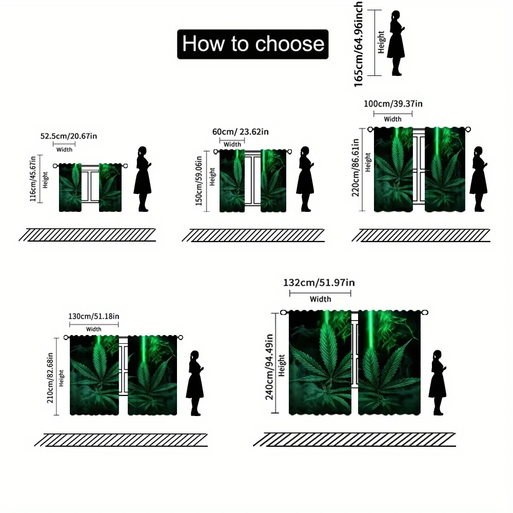 2D Flat 2pcs Weed Leaf Curtains Green Smoke Print Blackout Drape Living Room Bedroom Window Treatment Home Decor