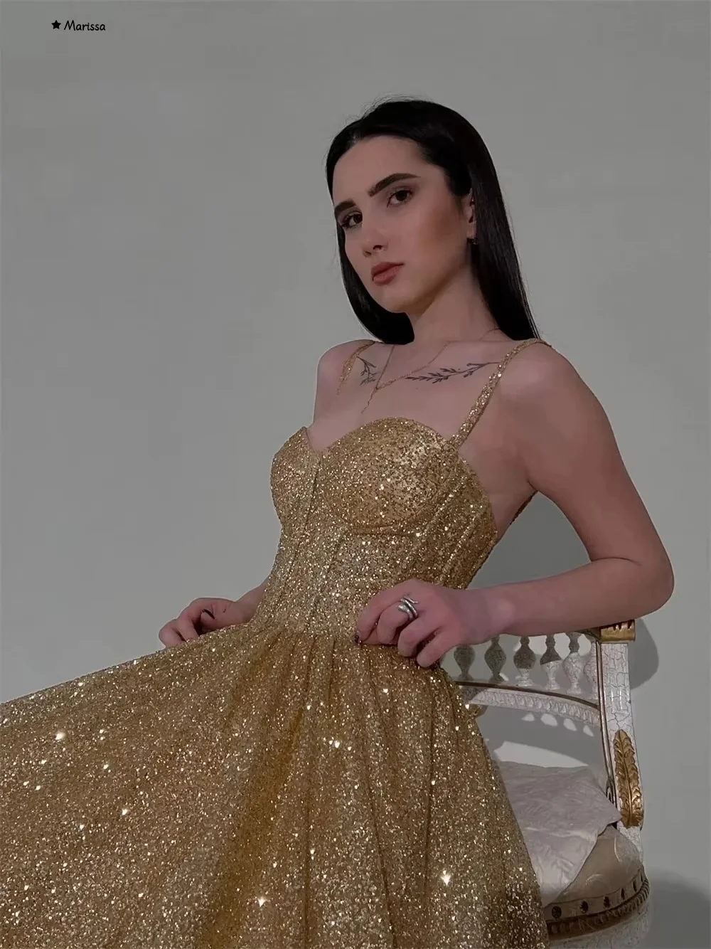 Marissa Elegant Prom Dresses 2025 A-line Sequins Golden Off-shoulder Custom Made Sleeveless Ball Gown Dresses for Luxury Party