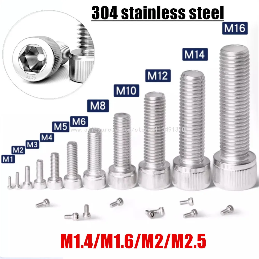 DIN912 304 Stainless Steel Allen Head Socket Cap Screws M1.4 M1.6 M2 M2.5 A2 Anti-Rust Hardware Bolts for Industrial Equipment