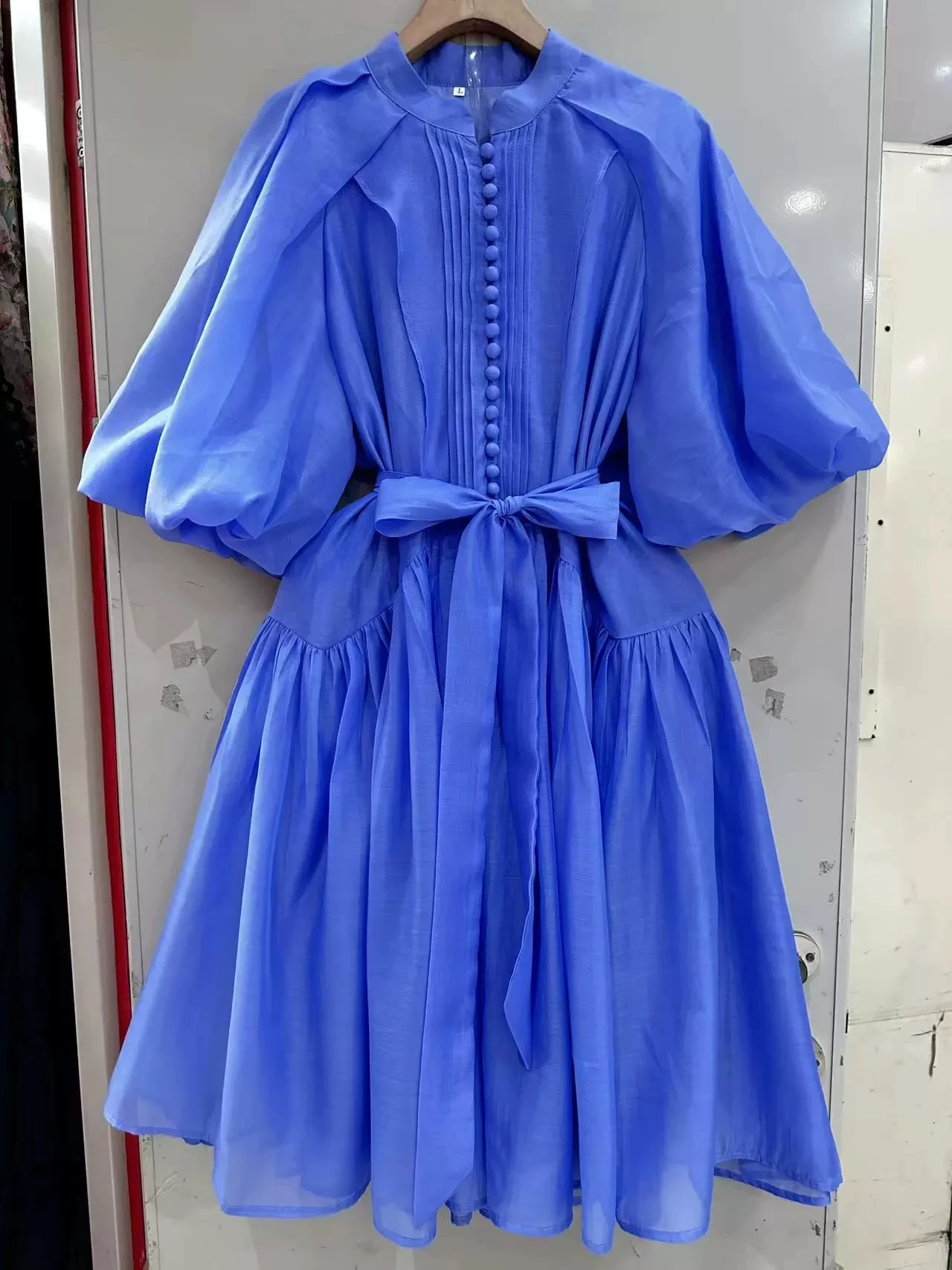 

Spliced ​​lace-up loose dress for women, round neck, powder puff sleeves, high waist, temperament dress for women-GZDL146
