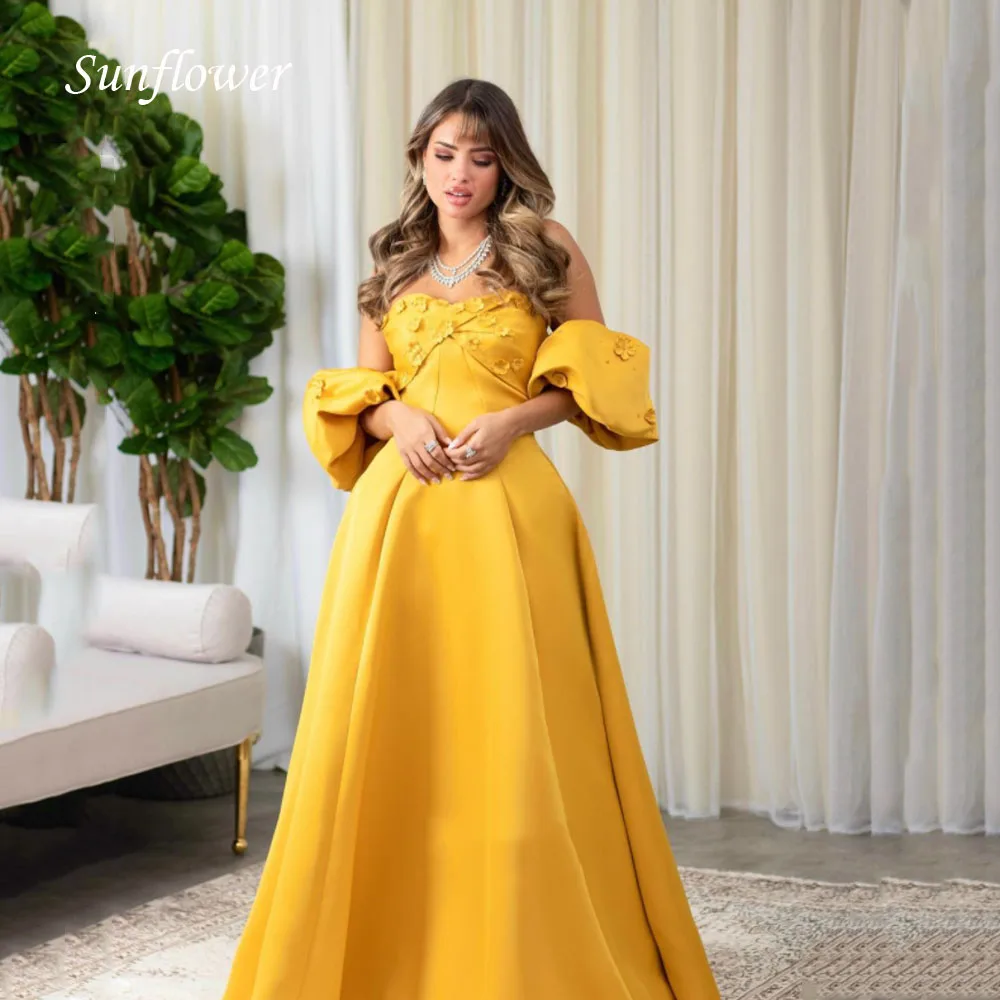 

Sunflower Sexy Sweetheart Puff Sleeve Appliques Formal Evening Dress 2023 Slim A-LINE Satin High-end Custom Gowns Floor-Length