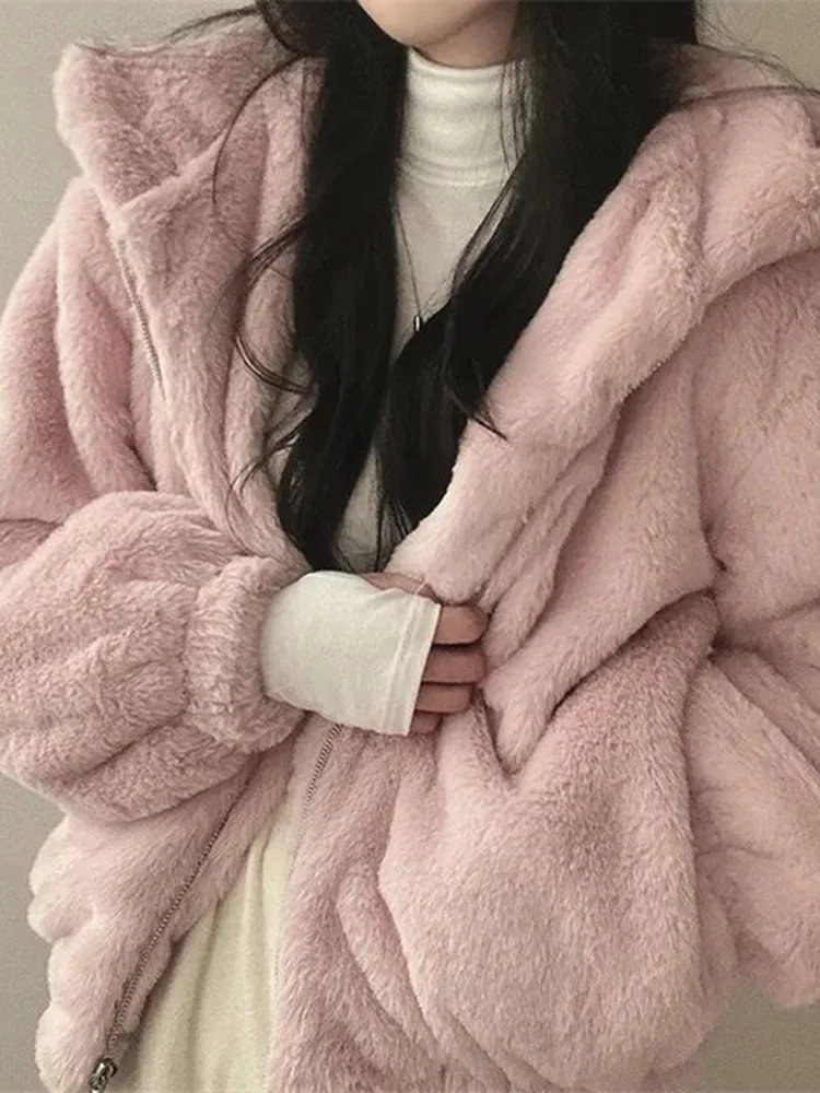 

Зимние толстовки из искусственного ягненка, женские милые, милые, розовые, теплые пальто, корейская мода, консервативный стиль, с длинным рукавом, женская однотонная куртка Kawaii, топы