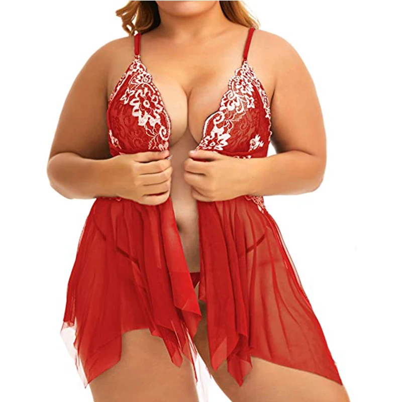 Artı boyutu iç çamaşırı kadın pijama Set dantel Babydoll Chemise V boyun gecelik seksi gecelik annelik Negligee S-5XL