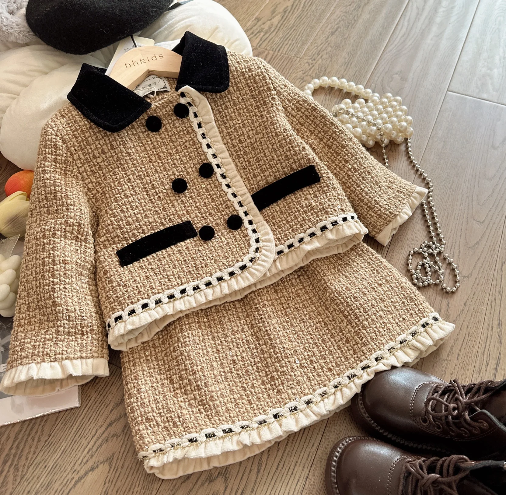 

Girls Woolen Clothing Sets Autumn Winter Children Thick Cotton Coats Skirts 2pcs Party Dress Suit For Baby Outfits Kids Costume