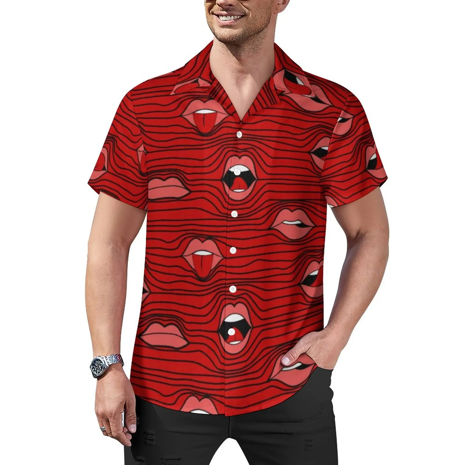 

Lips Print Beach Shirt Funny Mouths Hawaii Casual Shirts Male Fashion Blouses Short Sleeve Custom Clothes Big Size