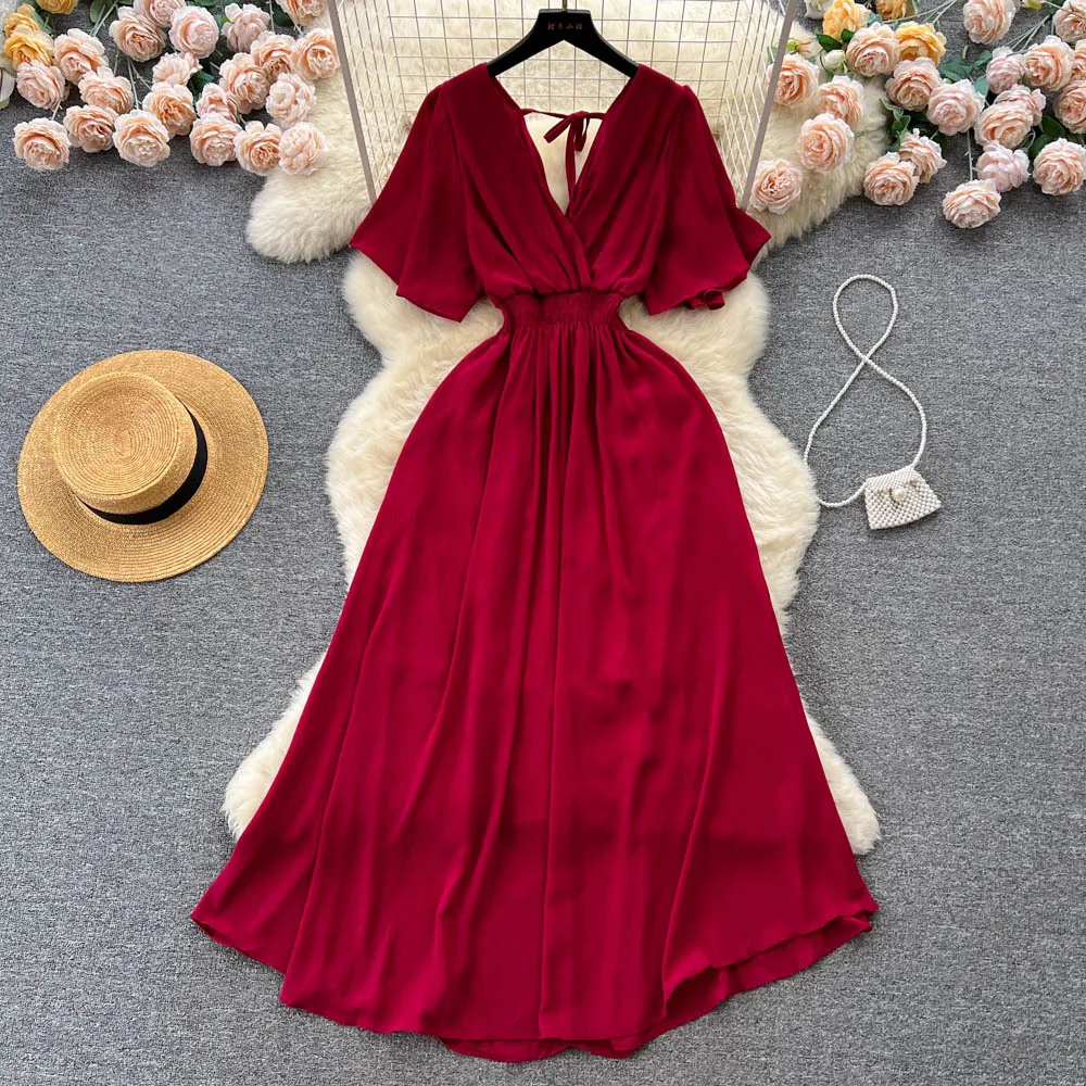 Women Fashion Vintage Elegant Chiffon Casual Dress Summer V-neck Short  Sleeve Elastic Waist Slim A-line Beach Long Dresses - AliExpress 200000345