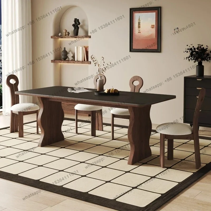 yj9 NEW French retro solid wood rectangular dining table small apartment walnut medium antique black rock slab dining table  cha